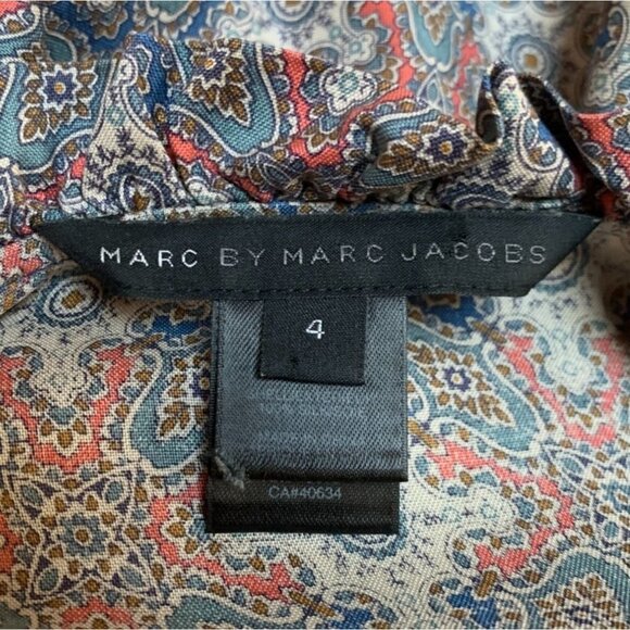 Marc Jacobs Retro 70s Silk Scarf Print Blouse Shirt Peplum Waist Size 4 Blue Red - Picture 4 of 7